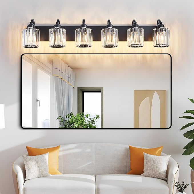 Black Crystal Bathroom Vanity Lights Fixtures 6 Light Over Mirror Modern Matte Black Bath Wall Lights with Round Shade (Exclude Bulb)