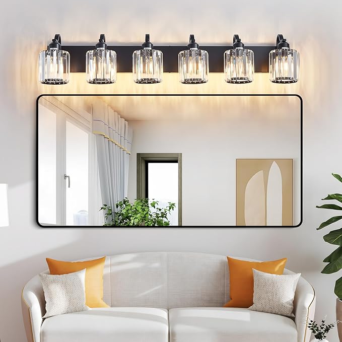 Black Crystal Bathroom Lights Fixtures 6 Light Crystal Bathroom Vanity Lights Fixtures Over Mirror Modern Matte Black Bath Wall Lights with Round Shade (Exclude Bulb)