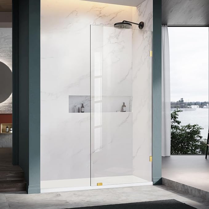 Shower Glass Panel, 30.5" W x 78.75" H Fixed Shower Screen Panel with 3/8"(10mm) SGCC Clear Tempered Glass, Frameless Walk in Shower Door for Bathroom (Brushed Gold, 30.5" W x 78.75" H)