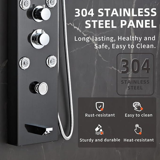 LED 5-in-1 Shower Panel Tower System,Brushed Black | 304 Stainless Steel Shower Panel Tower Column with Powerful Body Jets, Rainfall, Waterfall,Handheld and Tub Spout