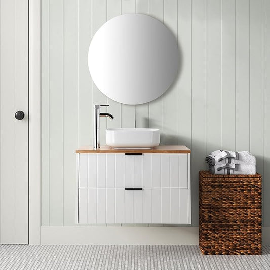 32 inch Bathroom Vanity with Sink and Solid Wood Countertop, Wall Mounted Bathroom Vanity Cabinet with 2 Drawers, Modern Floating Bathoom Vanity Set Include Square Ceramic Basin Sink & Round Mirror
