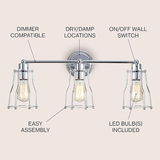 JONATHAN Y 24" Chrome Modern Industrial Metal Vanity Light, Bathroom Sconce for Mirror, Reversible 3-Light Wall Lamp with Metal Cage Shade for Hallway, LED Bulb Included (JYL7417A)