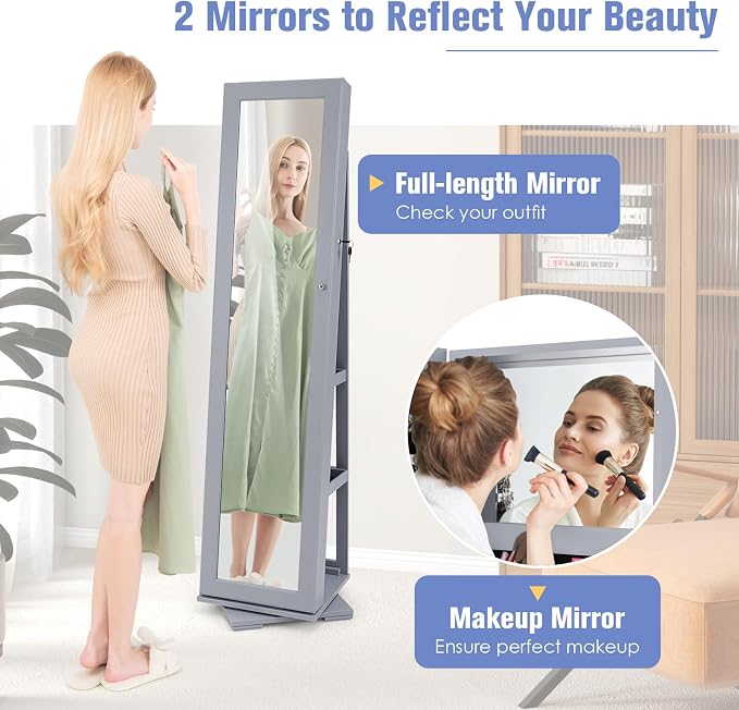 360° Rotating Jewelry Armoire, Freestanding Jewelry Cabinet with Inside Makeup Mirror, 2-in-1 Lockable Jewelry Organizer w/Full-Length Mirror for Women (Gray)