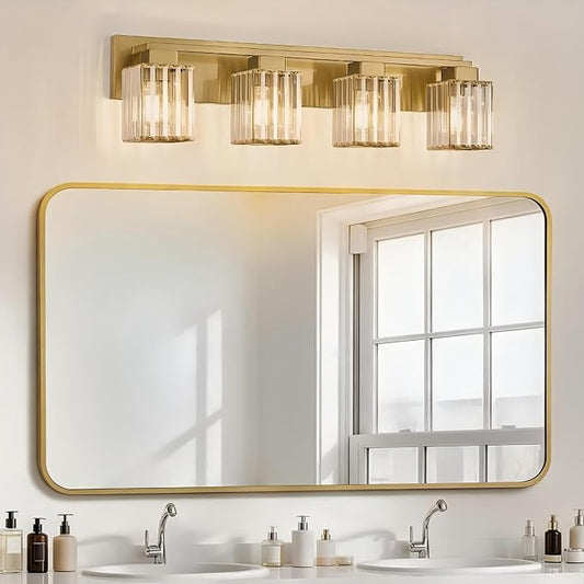 Brushed Gold Bathroom Light Fixtures, 3-Light Vanity Light Over Mirror | Wall Sconces with Square Crystal Shades, E26 Socket, Modern Vanity Lights for Bathroom (Bulbs Not Included)