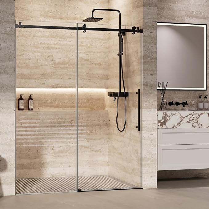 Shower Glass Door with Waterroof Seal Strip (56-60" W x 72 "H), Frameless Shower Sliding Door with Clear SGCC Tempered Glass 5/16" (8mm), Stainless Steel Hardware, Black