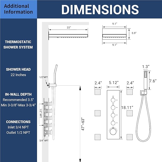 Luxury Thermostatic Rain & Waterfall Shower System with 22” Rain Shower Head & 6 Body Jets, JetsBath Wall Mounted Shower Faucet Sets with Handheld Sprayer, 3/4” Inlet Thermostatic Valve