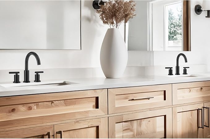 Matte Black Bathroom Faucet 3 Hole, 8 Inch Widespread, 2 Handle Bathroom Sink Faucet, Modern Vanity Faucet for Bathroom Sink with 360° Swivel Spout