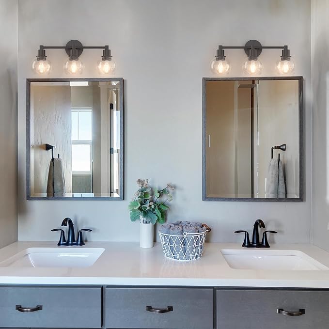 4 Lights Bathroom Vanity Light Fixtures Black, Bathroom Lights Over Mirror, Industrial and Farmhouse 4 Lights Wall Sconce, Matte Black Globe Vanity Lighting Fixtures