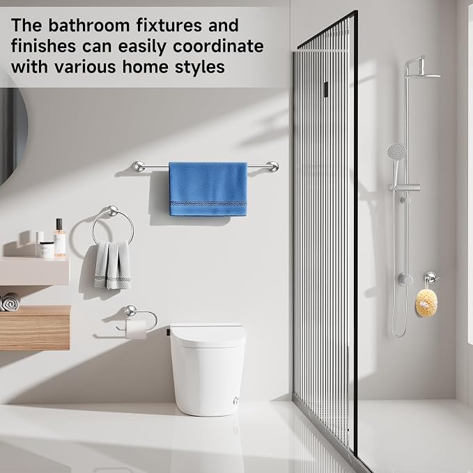 Formosa Design Hardware Classic 4-Piece Bathroom Accessories Set, 24-inch Towel Bar, Toilet Paper Holder, Towel Ring, and Robe Hook, Durable Zinc Alloy & Stainless Steel, (Polished Chrome Finish)