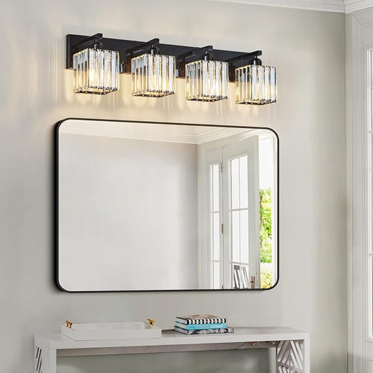 Modern Bathroom Vanity Light 4-Lights Plating Black Crystal Bathroom Wall Light Vanity Light Fixtures