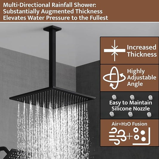 Shower System Matte Black Ceiling Mount Shower Faucet Set with 10 Inch Shower Head, Push Button Diverter Shower Fixtures with 3 in 1 Handheld,6 Inch Shower HeadγAll Functions Simultaneous Useγ