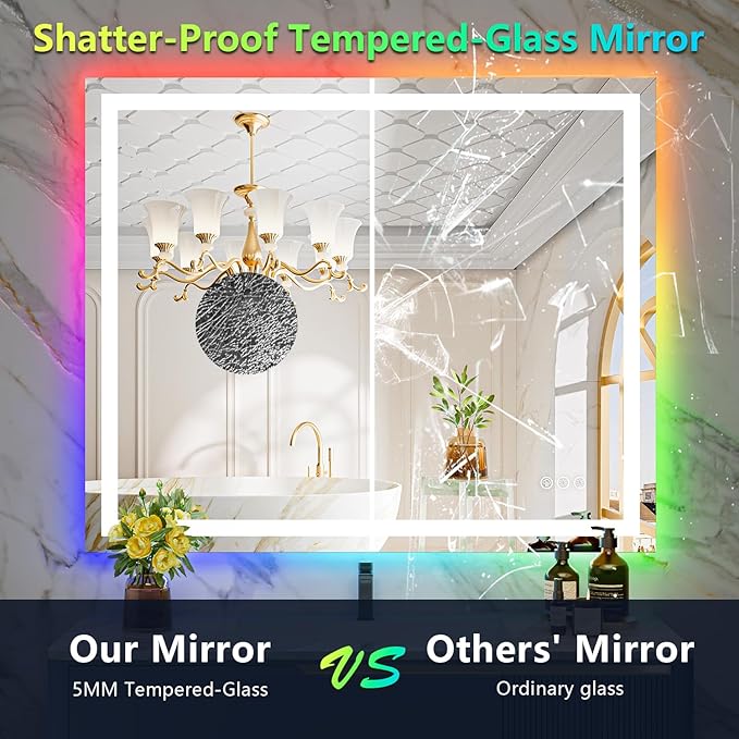 44x32 LED Bathroom Mirror with Lights, RGB Backlit Lighted Mirror | Backlit and Front Light, Anti-Fog, 3 Color Dimmable, Memory, Tempered Glass, IP54 Waterproof, UL Listed