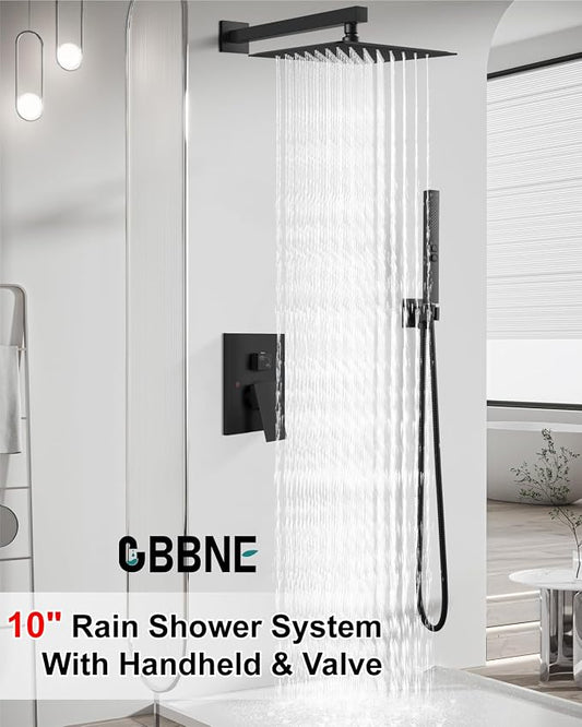 Shower Faucet Set 10-Inch Rain Shower System Matte Black | Square SUS304 Shower Head, Dual-Mode Hand Spray, 59-Inch Hose and Brass Rough-In Valve for a Complete Wall-Mount Installation