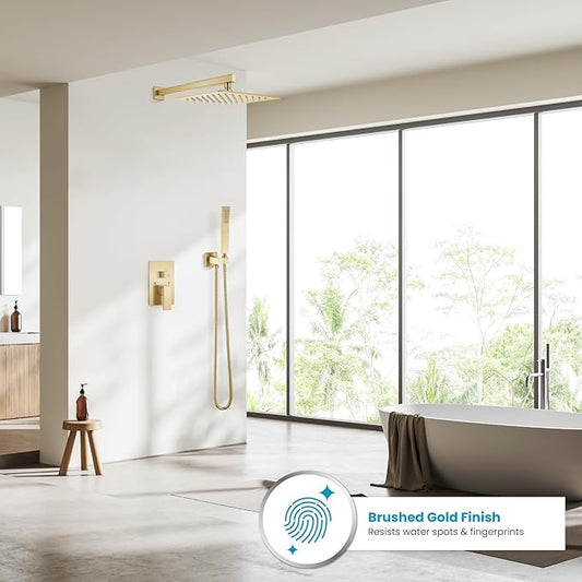 gotonovo Shower Faucet Set with Handheld Spray Brushed Gold,12'' Head | SUS304 Rainfall Shower Head and Handle Set System Fixture,Pressure Balance Valve Trim Kit,Single Handle,Wall Mount,All Metal