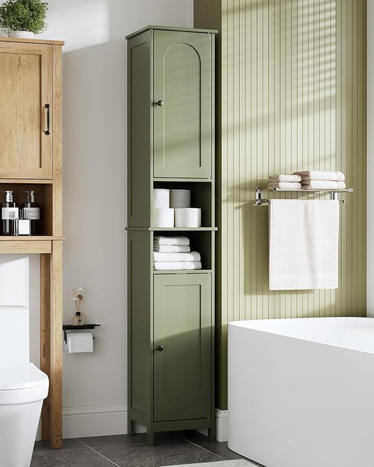 HAIOOU 67" Tall Bathroom Storage Cabinet with Light,11.8"W Narrow Bathroom Cabinet with Adjustable Glass Shelves,Slim Freestanding Cabinet for Small Spaces,Skinny Cabinet for Kitchen,Living Room Green