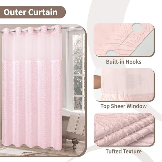 eachope no Hook Shower Curtain and Liner Set,Boho Style with See Through Top Window, Pink Fabric Tufted Striped Textured Outer Curtain & Waterproof Inner Liner, Pink, 71Wx74H