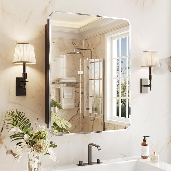 Medicine Cabinet Mirror 20x26 Inch, Chrome Bathroom Mirror Cabinet with Stepless Adjustable Shelves, Stainless Steel Frame, Bathroom Mirror with Storage Recessed or Wall Mount