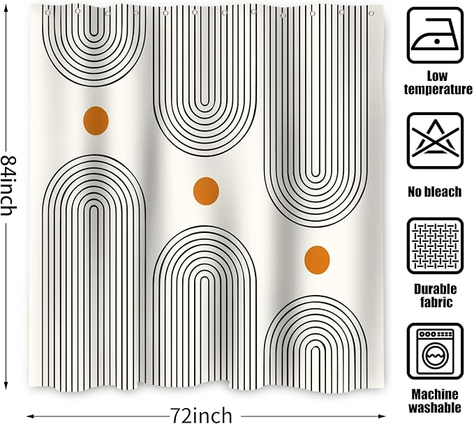 Boho Mid Century Extra Long Shower Curtain, Modern Abstract Arch Sun Ivory Machine Washable Waterproof Fabric for Bathroom Bathtub with 12 Hooks 72Wx84H