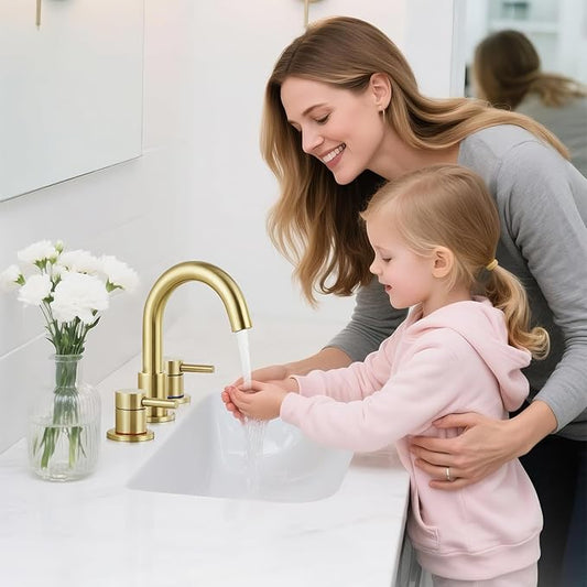 Bathroom Faucet 3 Hole Brushed Gold, 2-Handle Widespread Faucet | Lead-free stainless steel, pop-up drain, Detachable faucet aerator, 360Β°swivel, for RV & vanity sink 3-hole mount