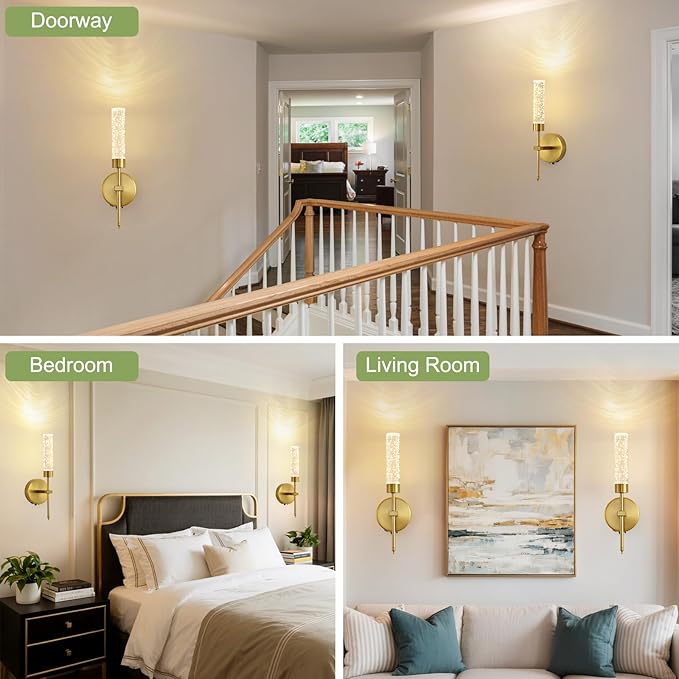 Gold Crystal Battery Operated Wall Sconce, Luxury Wireless LED Wall Sconces Set of 2 with Remote 3CCT Dimmable Timer, USB Rechargeable Cordless Wall Lights for Living Room Bedroom Bathroom Hallway