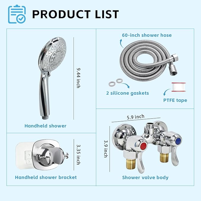 Outdoor Shower Kit Fixture Dual Handle Solid Brass 4 Inch Center Mix Valve with 59 Inch Hose and Showerhead Outdoor Shower System with ABS 6 Spray Mode Handheld Chrome Polish