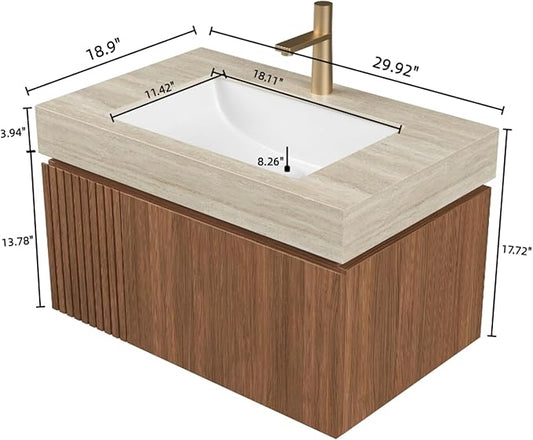Bathroom Vanity with Sink 30 Inch, Floating Bathroom Vanity Sink Cabinet with Drawer and Door, Undermount Sink & Travertine-Pattern Sintered Stone Top, Pre-Assembled,Brown Oak