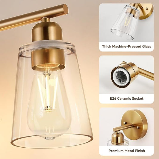 TALOYA 19 Inch Brushed Gold Bathroom Light Fixtures with Thickend Clear Tapered Glass Shade, 3-Light Modern Vanity Light Over Mirror for Bathrooms, Bedrooms (Bulbs Not Included)