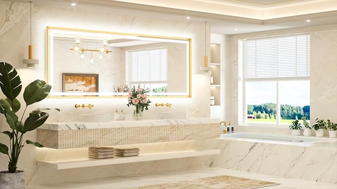 96 x 36 Bathroom LED Mirror Brushed Gold Metal Frame Frontlit & Backlit Vanity Mirror Anti-Fog Stepless Dimmable 3 Colors White/Warm/Natural Wall-Mounted