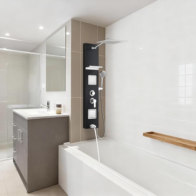 Shower Panel Tower System with Shelf, Adjustable Body Jets and Tub Spout | Rainfall shower panel with angle adjustable side jets, tub spout, 5-function handheld sprayer and built-in shelf