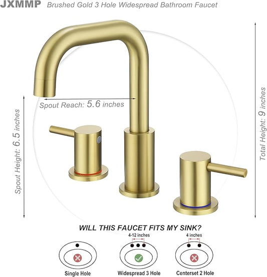 Brushed Gold Bathroom Faucet, 8 in Gold Widespread Bathroom Sink Faucet 3 Hole with Pop Up Drain and Supply Lines, Stainless Steel 2 Handle Gold Faucet for Bathroom Vanity