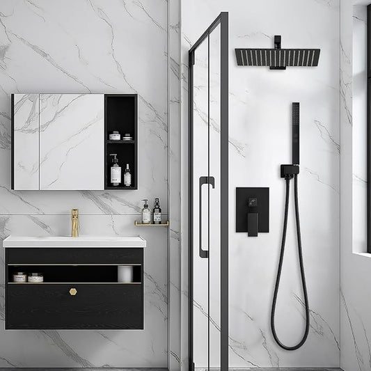 RUMOSE Shower Faucet Set Bathroom Rain Shower Head with Handheld, Black | 12 Inch Rainfall Shower System with Rough-in Valve, High Pressure, 2 in 1 Handheld, Brass, Wall Mount