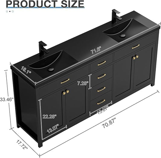 LUCKWIND 72" Bathroom Vanity and Sink Combo, Painted Modern Bathroom Storage Cabinet with Double Large Black Sink, Four Doors and Three Drawers, Include Faucet, Without Mirror, Black
