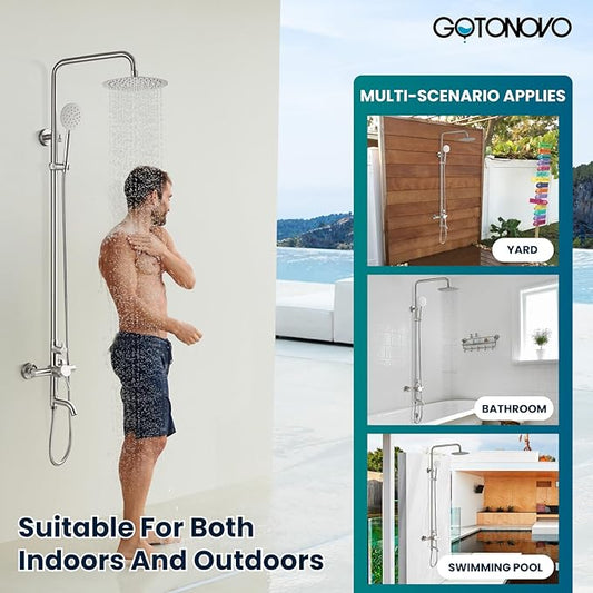 gotonovo SUS304 Outdoor Shower Kit 8’’ Head with Handheld Brushed Nickel | Outdoor Outside Shower Fixtures with Handheld Sprayer,Swivel Tub Spout,Adjustable Height,Wall Mount for Poolside,Backyard