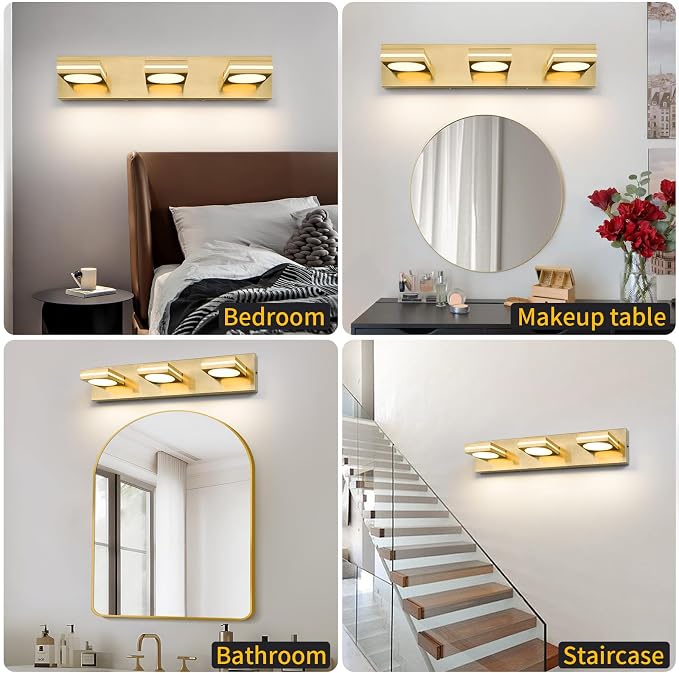 Bathroom Light Fixtures, Gold Vanity Light Modern LED Acrylic Lighting Fixtures, Bathroom Accessories Dimmer Lamps, 3CCT, 22-inch