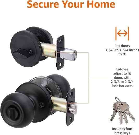 Amazon Basics Exterior Door Knob With Key Lock and Deadbolt, Keyed Alike, Coastal, Matte Black