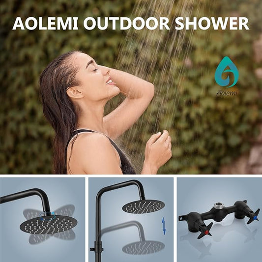 Aolemi Outdoor Shower Kit,8 Inch Rain Head,Hot and Cold,Matte Black | 2-Handle Control Outdoor Shower Fixtures,Adjustable Height,6-Inch Center Valve,Winter Drainage,Exposed Shower