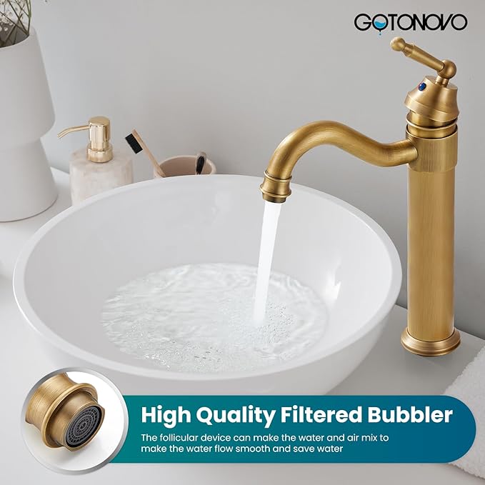 gotonovo Bathroom Vessel Sink Faucet Single Handle Brass Long Reach Bathroom Faucet 1 Hole Deck Mounted Mixer Tap with Pop Up Drain Antique Brass