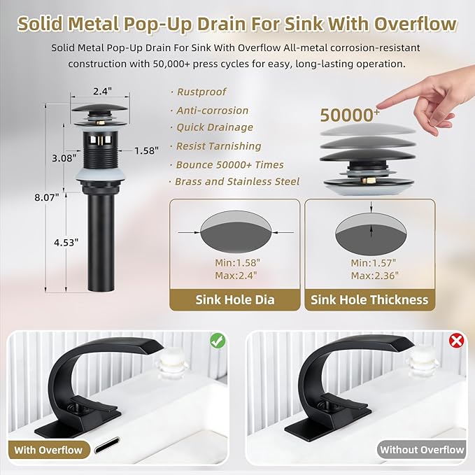 Matte Black Bathroom Sink Vanity Elegance Swan Faucet for 1 Hole with 6-Inch 3 Hole Deckplate,Rikaziya Bathroom Fixtures Faucets Pop Up Overflow Drain with 9/16" Supply Hose and to 1/2" Adapter Combo