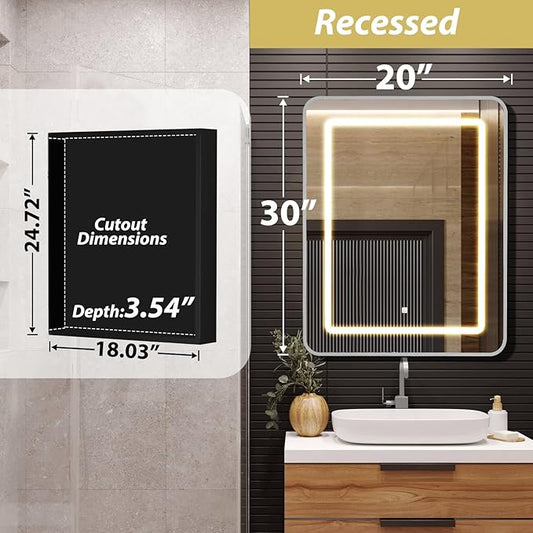 ROOMTEC Lighted Medicine Cabinet with Mirror 20"x30", Wall Mounted Bathroom Mirror with Storage, Single Doors Bathroom Wall Cabinet with LED Lights,Silver