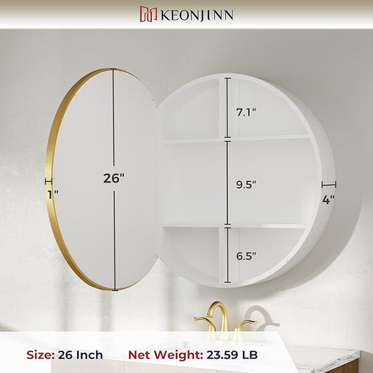 Keonjinn 26 x 26 Round Medicine Cabinets for Bathroom, Gold Surface Mount Metal Framed Medicine Cabinet with Mirror, Modern Medicine Cabinet Wall Mount Only, Farmhouse Mirrored Cabinet with Storage