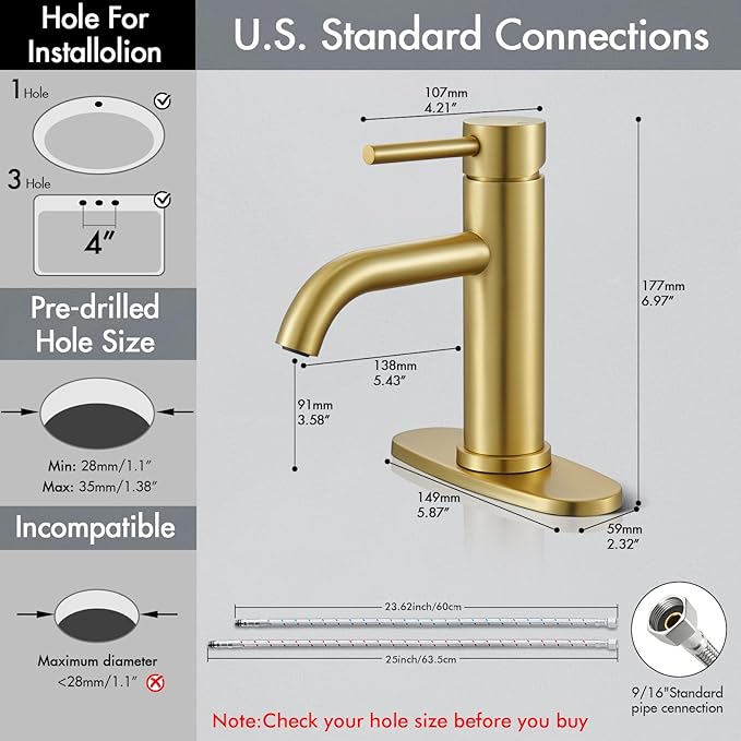 Gold Bathroom Faucet, WINKEAR Single Hole Bathroom Faucet with Pop-up Drain and Flexible Hoses, Single Handle for Sink, Vanity, RV, Modern Farmhouse, Suitable for 1 Hole or 3 Hole