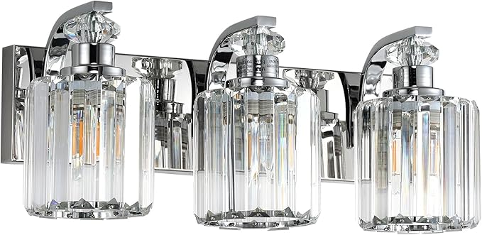 Chrome Bathroom Light Fixtures with K9 Crystal Lampshade Bathroom Lighting Over Mirror Vanity Lights for Living Room,Bedroom,Restroom,Hallway 3 Lights