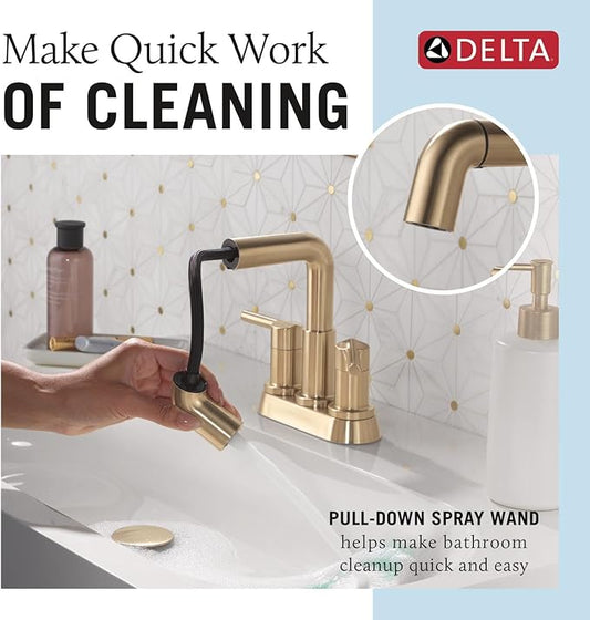 Delta Centerset Brushed Gold Bathroom Faucet with Sprayer, 4 Inch 3 Hole Bathroom Sink Faucet with Pull Out Sprayer, Push-Pop Drain, Champagne Bronze 25849LF-CZPD