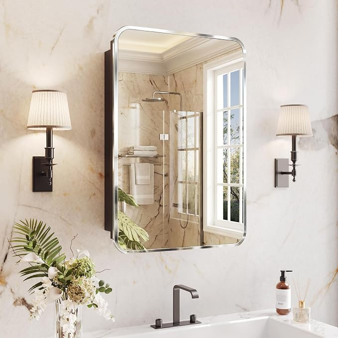 Medicine Cabinet Mirror 16x24 Inch, Chrome Bathroom Mirror Cabinet with Stepless Adjustable Shelves, Stainless Steel Frame, Bathroom Mirror with Storage Recessed or Wall Mount