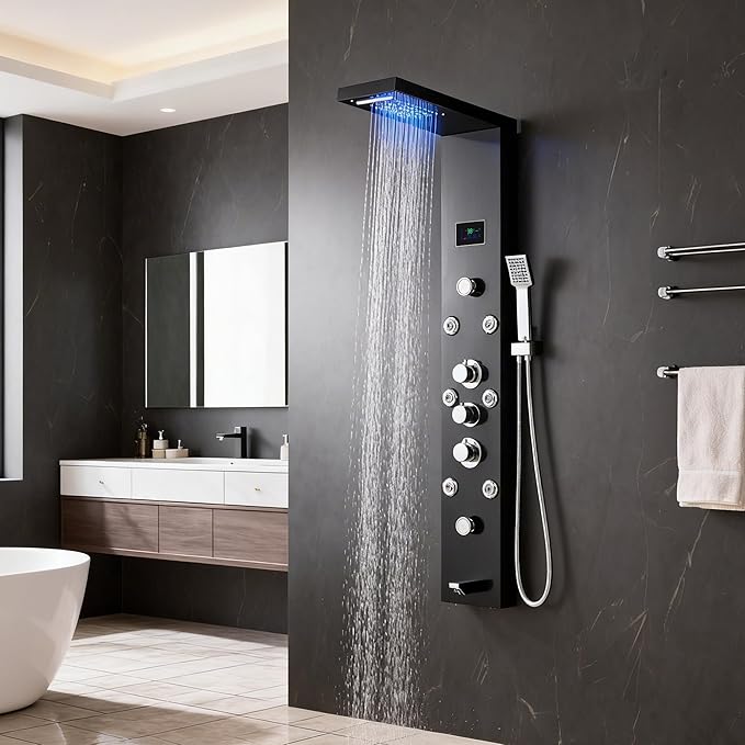 LED 5-in-1 Shower Panel Tower System,Brushed Black | 304 Stainless Steel Shower Panel Tower Column with Powerful Body Jets, Rainfall, Waterfall,Handheld and Tub Spout