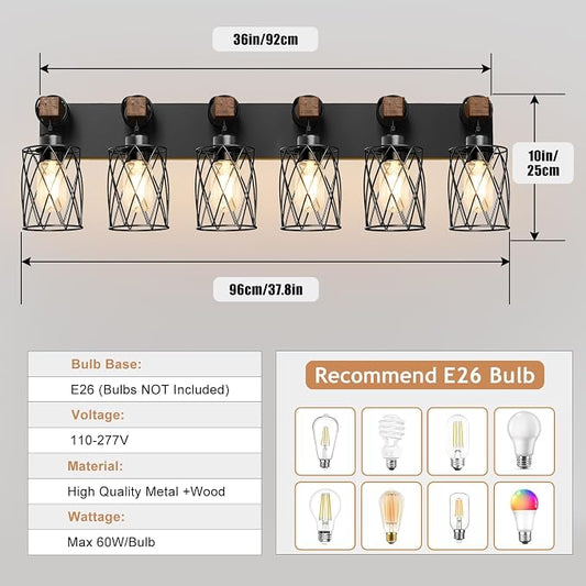 IZORRO Farmhouse Bathroom Vanity Light, 6-Light Wood Bathroom Light Fixtures Over Mirror, Black Industrial Vanity Lights with Metal Shade, Rustic Restroom Lighting Fixtures