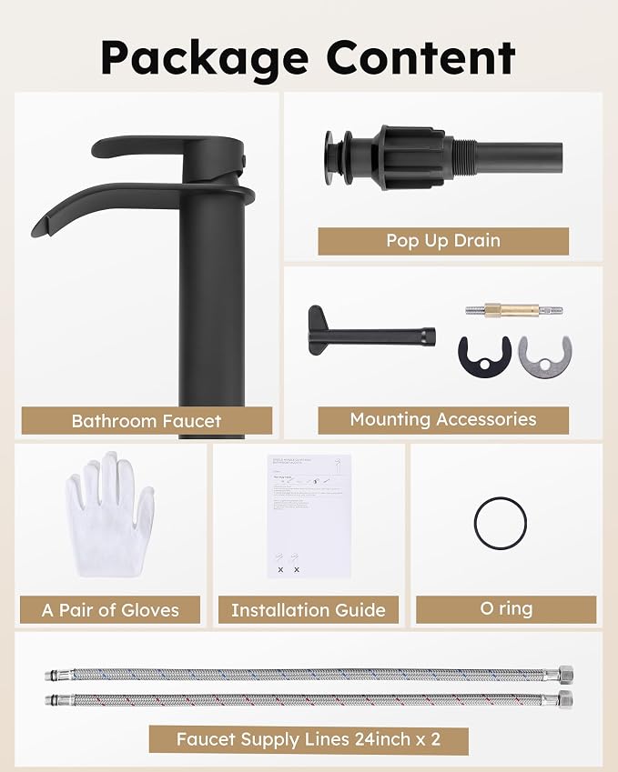 Vessel Sink Faucet Black for Bathroom:WOWOW Single Handle Tall Bathroom Faucet - Waterfall Single Hole Mixer Bar Tap with Large Rectangular Spout, Deck Mount Lavatory Vanity with Pop Up Drain