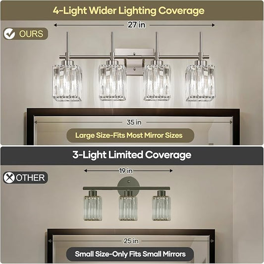 Torondo Modern Crystal Bathroom Vanity Light 4-Light Brushed Nickel Bathroom Light Fixtures Over Mirror Vanity Lighting Fixtures Square Shade Brass Wall Sconce (Bulbs Not Include)