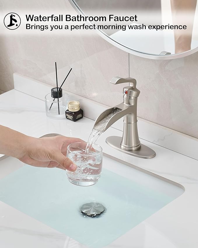 Brass Waterfall Bathroom Faucets Brushed Nickel, Single Hole Bathroom Faucet, 4 Inch 3 Hole Bathroom Sink Faucet Single Handle with Deck Plate, Pop-up Drain and Supply Hoses