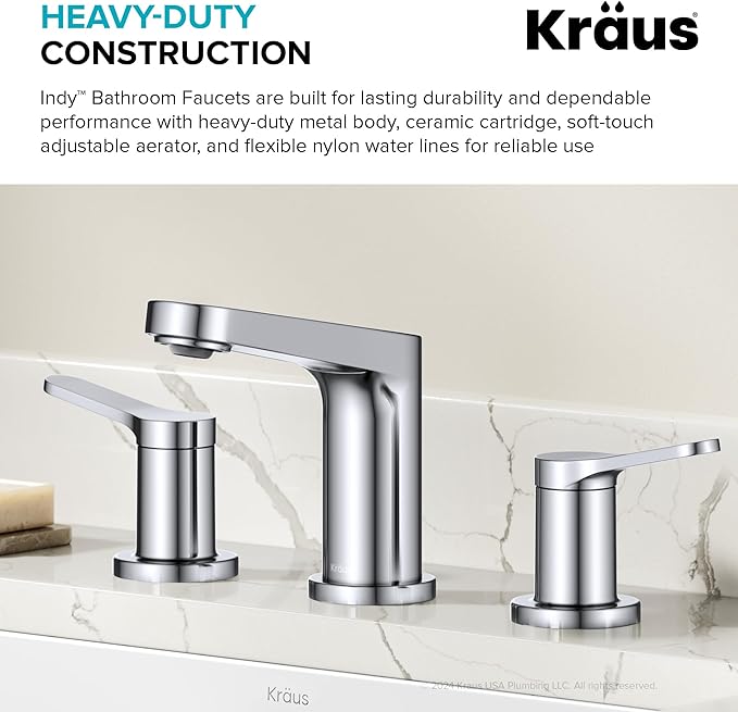 KRAUS Indy Widespread Bathroom Faucet in Chrome with 2 Handles, Pop Up Drain and Supply Lines, FUS-14103CH